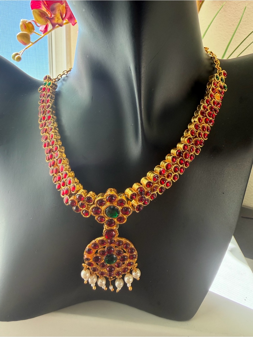 Gold-Tone Red and Green Gemstone Pendant Necklace - Indian Women Jewelry
